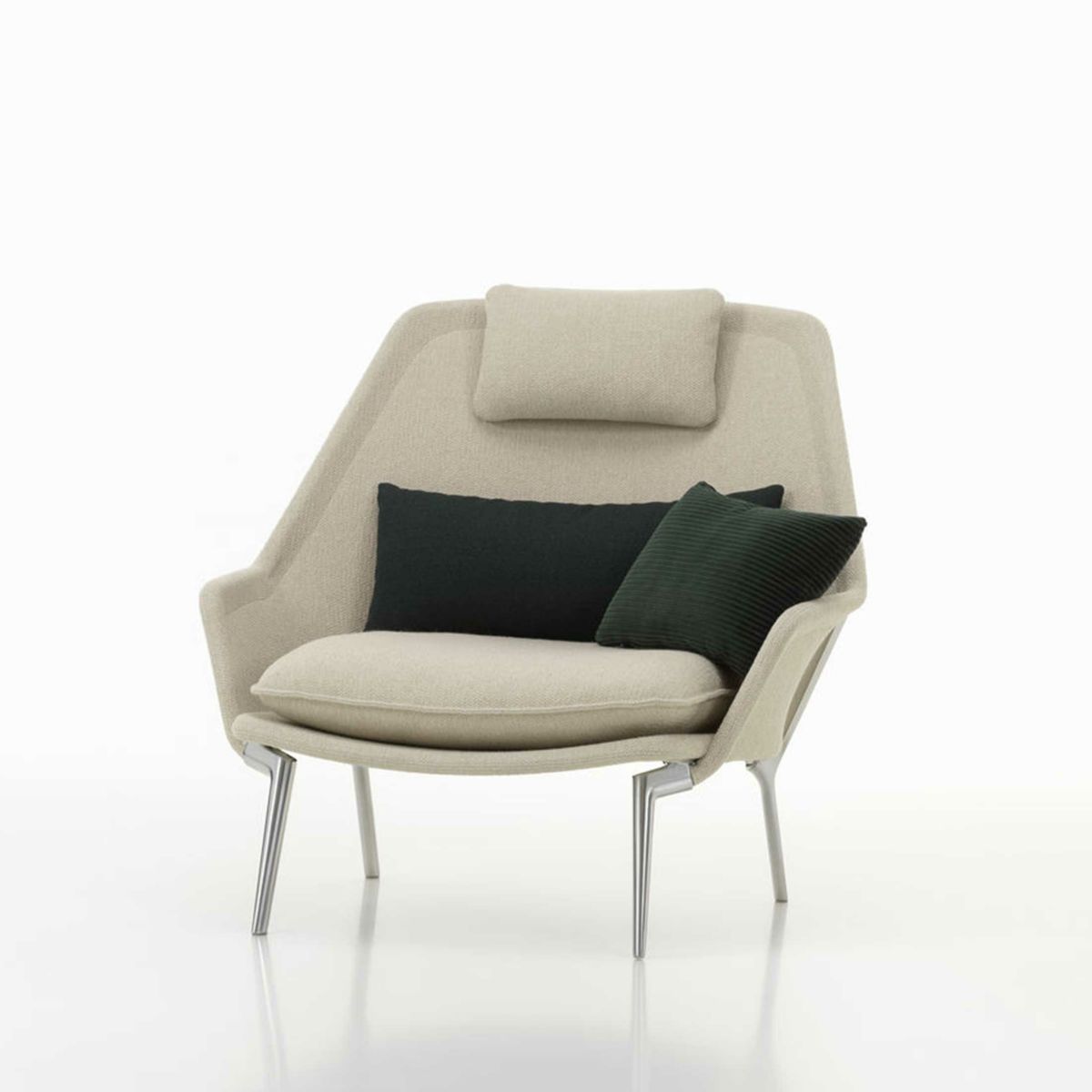 Vitra（ヴィトラ） / Slow Chair （スローチェア） / チェア：Flocca （フロッカ）カバーカラー：ベージュ / ベース：アルミ ポリッシュ / バッククッション 40×30cm Kvadrat Phlo× 0983（ホームセレクション） / バッククッション 65×30cm  Kvadrat Vidar 41062 （ホームセレクション） / ネッククッション付